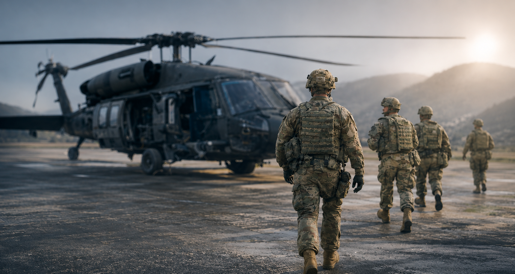 Military helicopter and service members walking near an airfield